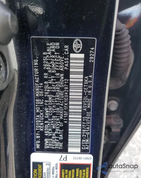 2014 Toyota Camry L from USA, damaged, VIN 4T1BF1FK1EU428712